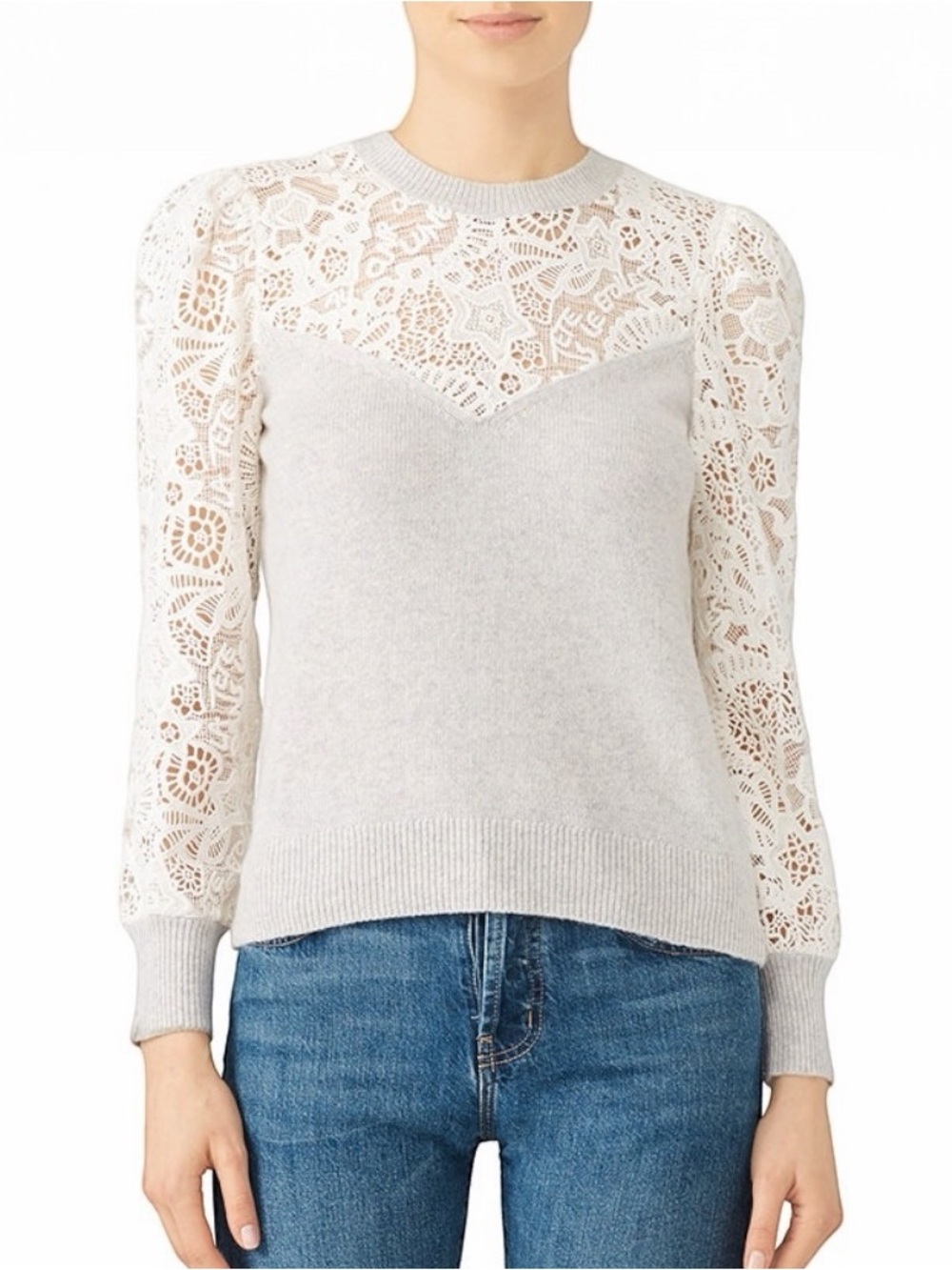 Rebecca Taylor Illusions Lace Knit Puff Sleeve Sweater Cream Heather Gray Size M
